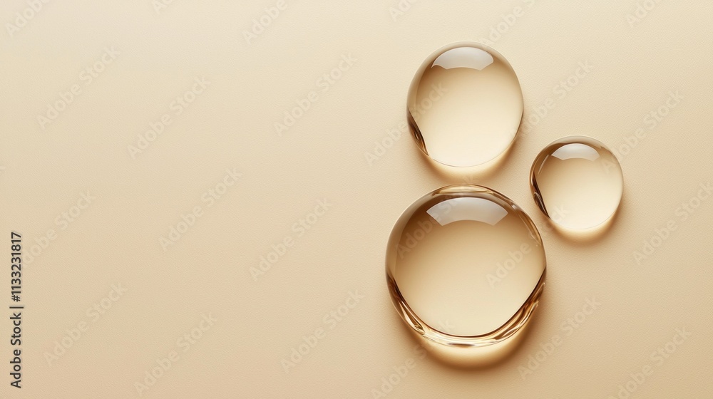 Poster three large round droplets rest gently on a smooth surface, their surfaces catching light in a seren