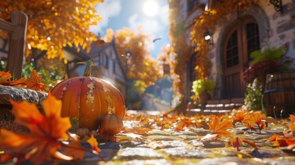 Fototapeta premium Colorful leaves cover the cobblestone street, with a pumpkin in the vibrant autumn scene