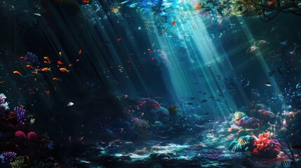 Obraz premium A vibrant underwater world filled with colorful fish and corals lit by sunlight