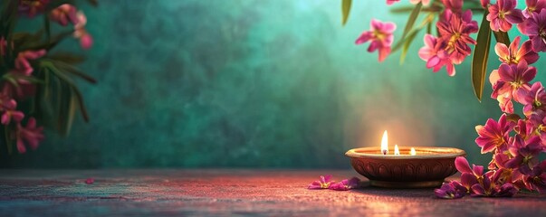 Beautiful background in brightly coloured tones. Indian style. Diya lamp and flowers. 
Banner, poster, wallpaper or background with space for text. Vishu festival, Ugadi, Gudi Padwa, Diwali