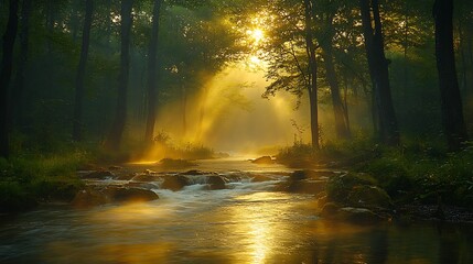 Obraz premium Gentle river flowing through a serene forest with soft light and misty air