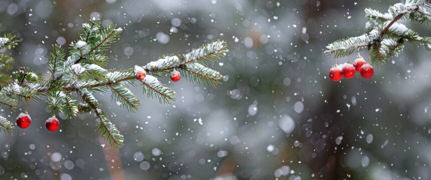 Snowflakes gently accumulate on evergreen branches with red berries in a tranquil winter forest