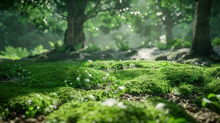 Obraz premium A serene forest floor adorned with rich green moss and small white flowers under soft sunlight