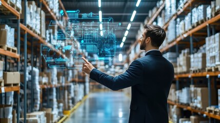 Businessman Interacting with Digital Warehouse Technology