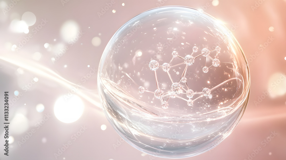 Poster a floating molecular structure inside a glowing sphere, surrounded by soft-focus warm tones of orang