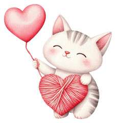 PNG A cute cat holds a pink heart balloon and a yarn heart, expressing joy and affection.