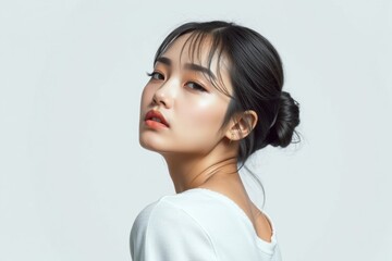Stylish Asian woman with sleek updo and glowing skin, wearing a casual white top, studio portrait showcasing elegance, confidence, and modern lifestyle concepts. 