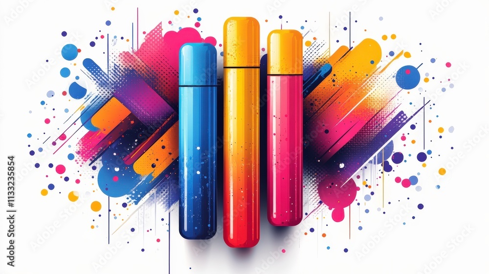 Poster vibrant abstract art with bold colors and dynamic background featuring three stylized vials on a col