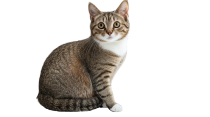 Tabby cat, sitting, white chest. Cute tabby cat posing, studio shot. Adorable cat, isolated background.