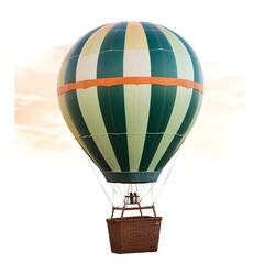 Fototapeta premium A green and orange checkered hot air balloon with a metal basket, floating against a sunset backdrop