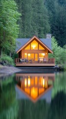 Obraz premium elegant riverside cabin warm lighting vibrant sunset water reflection