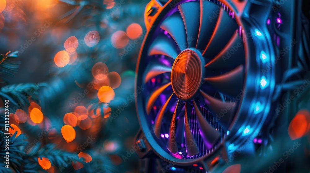 Poster a close-up of a computer cooling fan with colorful led lights against a blurred background.