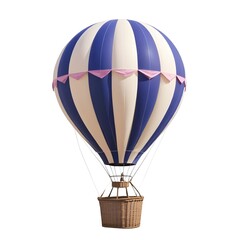 Fototapeta premium A purple and pink striped hot air balloon with a rattan basket, floating against a clear blue sky