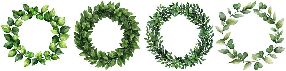 Fototapeta premium St Patrick's Day holiday and heritage, Four distinct circular wreaths made of lush green leaves, showcasing different leaf arrangements and sizes.