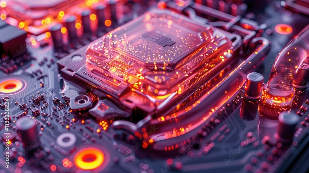 Poster a close-up of a glowing circuit board highlighting a cpu and intricate electronic components.