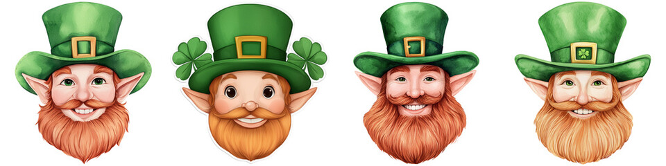 St Patrick's Day holiday and heritage, Four cheerful leprechaun faces wearing green hats with distinct smiles and varying styles of beards.