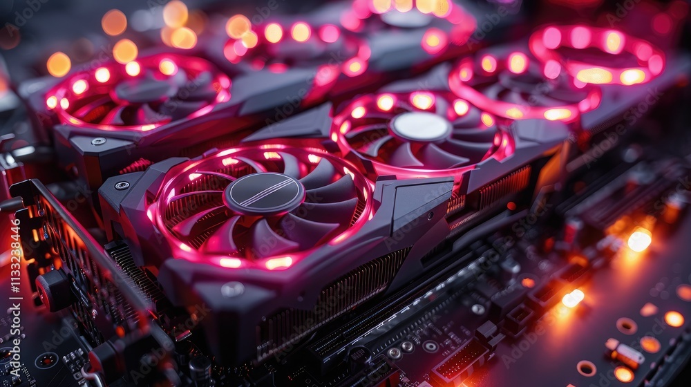 Aufkleber a close-up of a high-performance graphics card with illuminated fans on a motherboard.