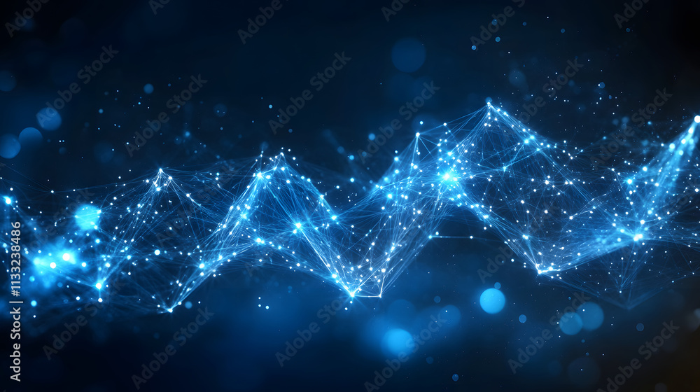 Poster abstract visualization of a glowing blue network of interconnected points and lines, representing te