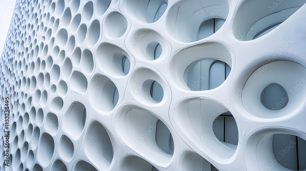 Poster a close-up view of a modern architectural facade featuring a pattern of circular openings and organi