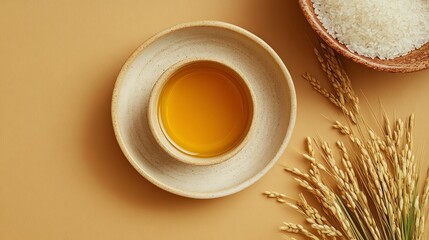 Aesthetic overhead view of rice and oil on a minimalist background.