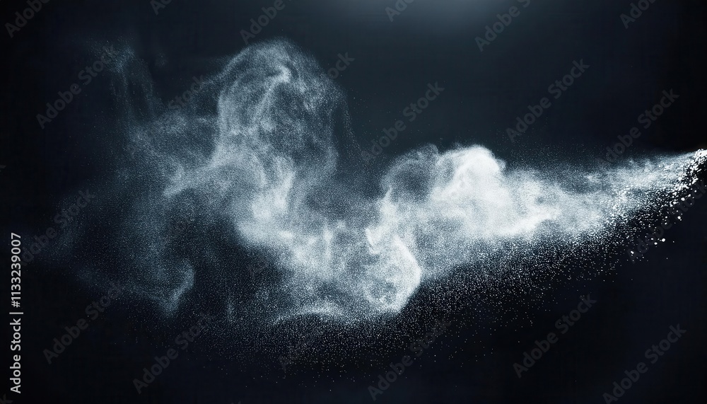 Poster ethereal burst of snow particles in dark atmosphere. capturing the elegance of suspended ice crystal