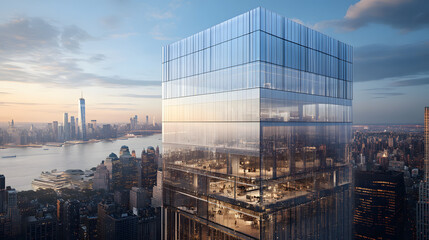 Fototapeta premium A sleek glass office building with illuminated interiors at sunset, surrounded by an urban cityscape and warm evening light. .