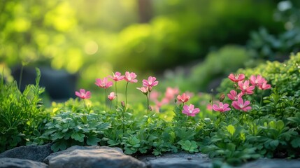 Obraz premium Pink Wildflowers Blooming Among Greenery and Rocks in Soft Sunlight - Serene Garden Close-Up