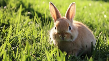 Fototapeta premium Small brown rabbit is sitting in the grass