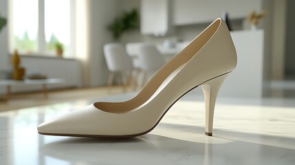 Cream-colored high heel shoe on a marble surface in a modern living room.