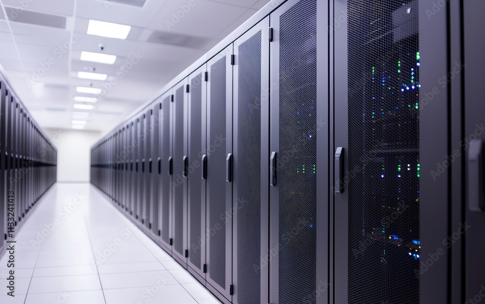 Poster modern data center with rows of high-tech servers in a clean, organized space.