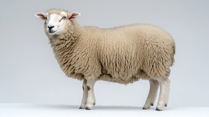 Fototapeta premium Cream-colored sheep, standing profile view, against a plain background.