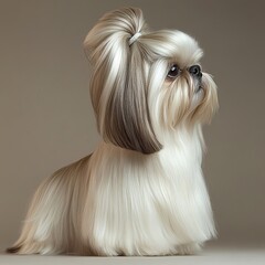 Grooming a shih tzu dog for a dog show indoor studio pet photography focused environment close-up view canine care concept