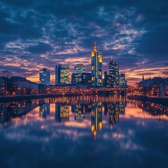 Fototapeta premium Sunset reflections over frankfurt skyline germany cityscape photography urban landscape serene viewpoint aesthetic beauty