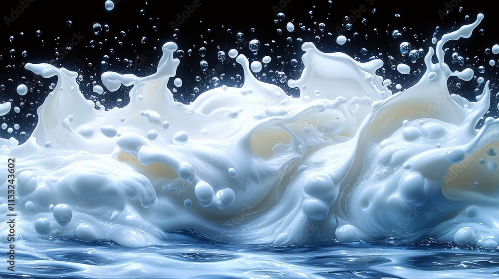 Poster dynamic splash of white milk creating abstract waves and bubbles on a dark background in a captivati