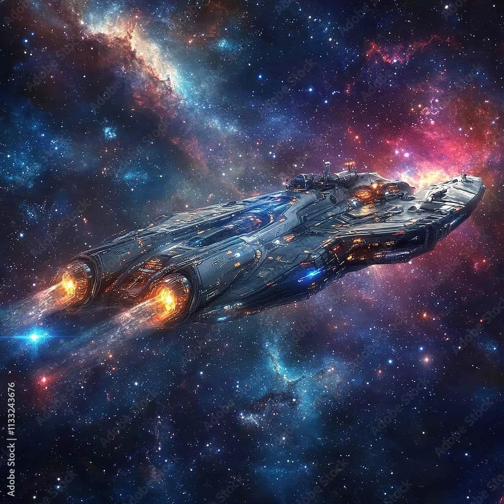 Poster exploring cosmic frontiersfuturistic spacecraft in a galactic nebula digital art deep space dynamic 