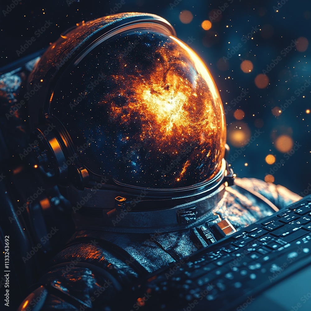 Poster astronaut exploring cosmic phenomena in space digital art futuristic environment close-up viewpoint 