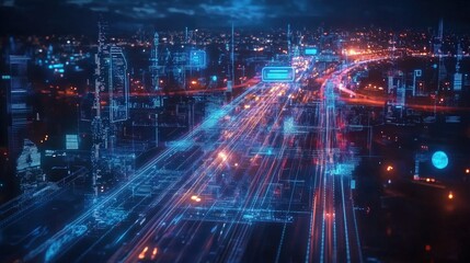 Fototapeta premium Futuristic Cityscape at Night with Digital Data Overlay, Vibrant Lights, and Technology Visualization in Urban Environment