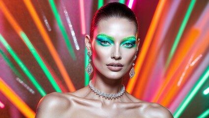 Fashion model woman in colorful bright lights with trendy makeup . Beautiful girl with earrings jewelry Beauty and accessories. High Fashion model woman.