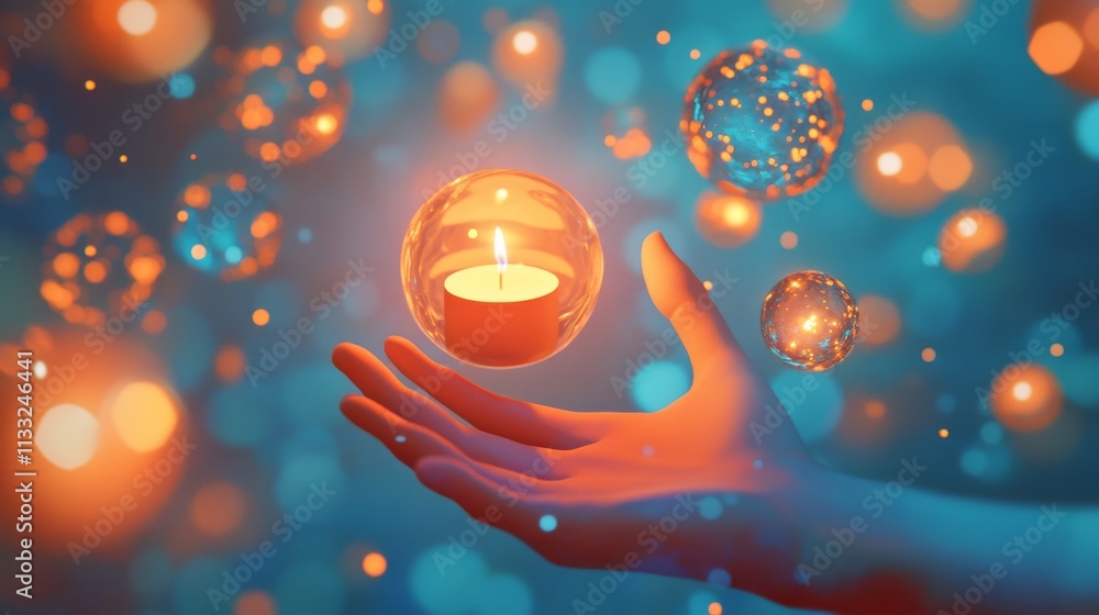 Poster a digitally rendered hand holds a candle enclosed in a glowing sphere, surrounded by floating orbs i