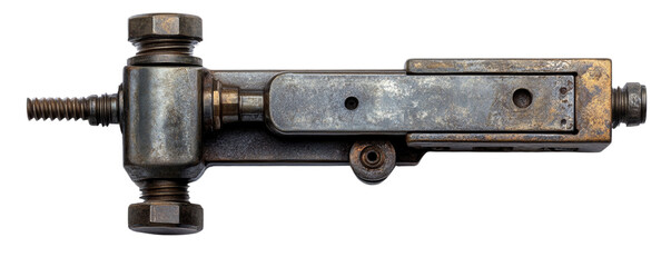 Vintage industrial metal part. Rusty metal machine component. Industrial metal mechanism. Aged mechanical assembly.