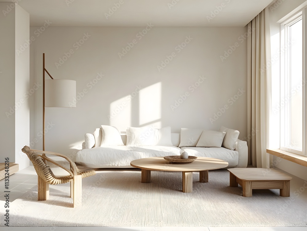 Poster modern minimalist living room with neutral tones and natural light highlighting soft textures and cl
