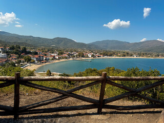 A breathtaking view of the Greek peninsula of Halkidiki, featuring the stunning regions of...