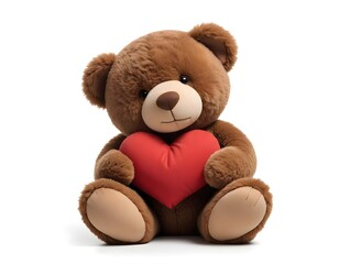 Obraz premium A brown teddy bear holding a heart-shaped pillow, sitting on a white background
