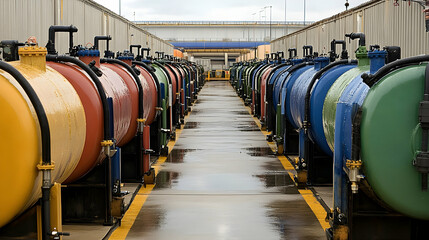 Colorful Industrial Tanks in a Wet Facility, A Row of vibrant storage vessels aligned along a wet concrete floor.
