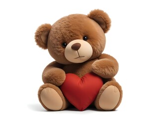 Obraz premium A brown teddy bear holding a heart-shaped pillow, sitting on a white background