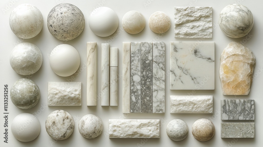 Poster diverse collection of textured marble and stone shapes in various forms and sizes arranged in an aes