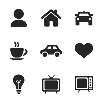 A set of nine simple black icons representing basic needs and wants, including a person, house, car, coffee cup, heart, lightbulb, and television.
