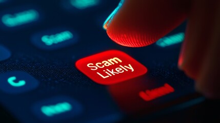 Protection from spam call scams. A finger hovers over a smartphone screen displaying a red "Scam Likely" alert, highlighting a warning against potential fraudulent calls.