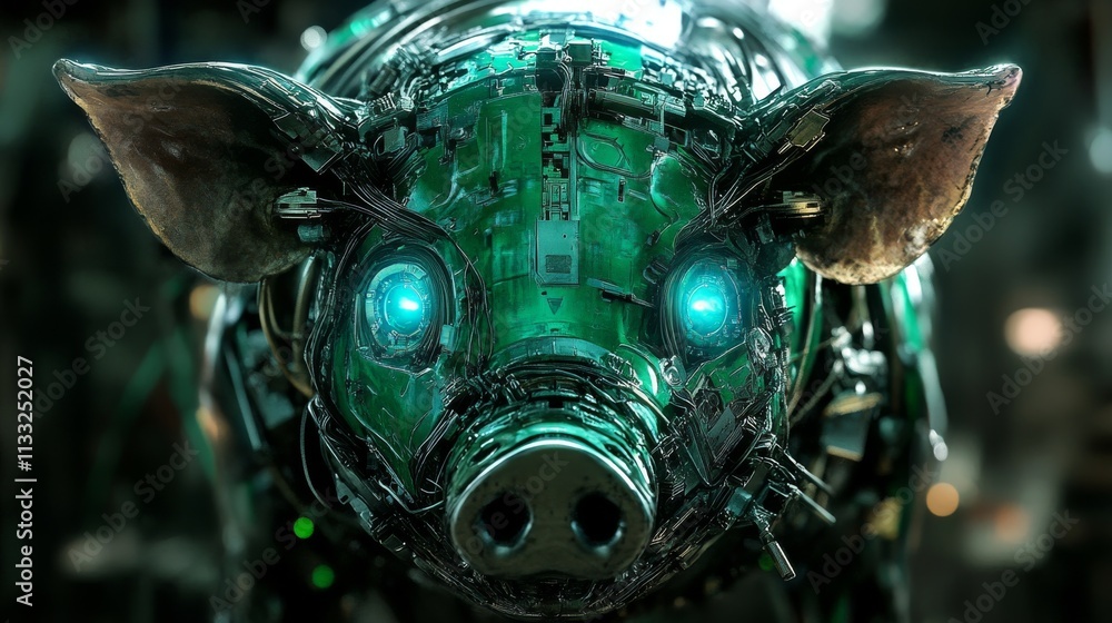 Poster a powerful image of a robotic pig with intense blue glowing eyes in a dark industrial environment, e