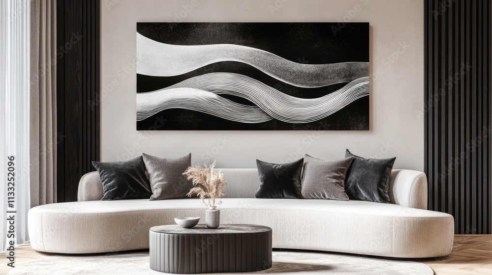 Poster black and white abstract waves create a serene scandinavian-inspired landscape with balanced simplic